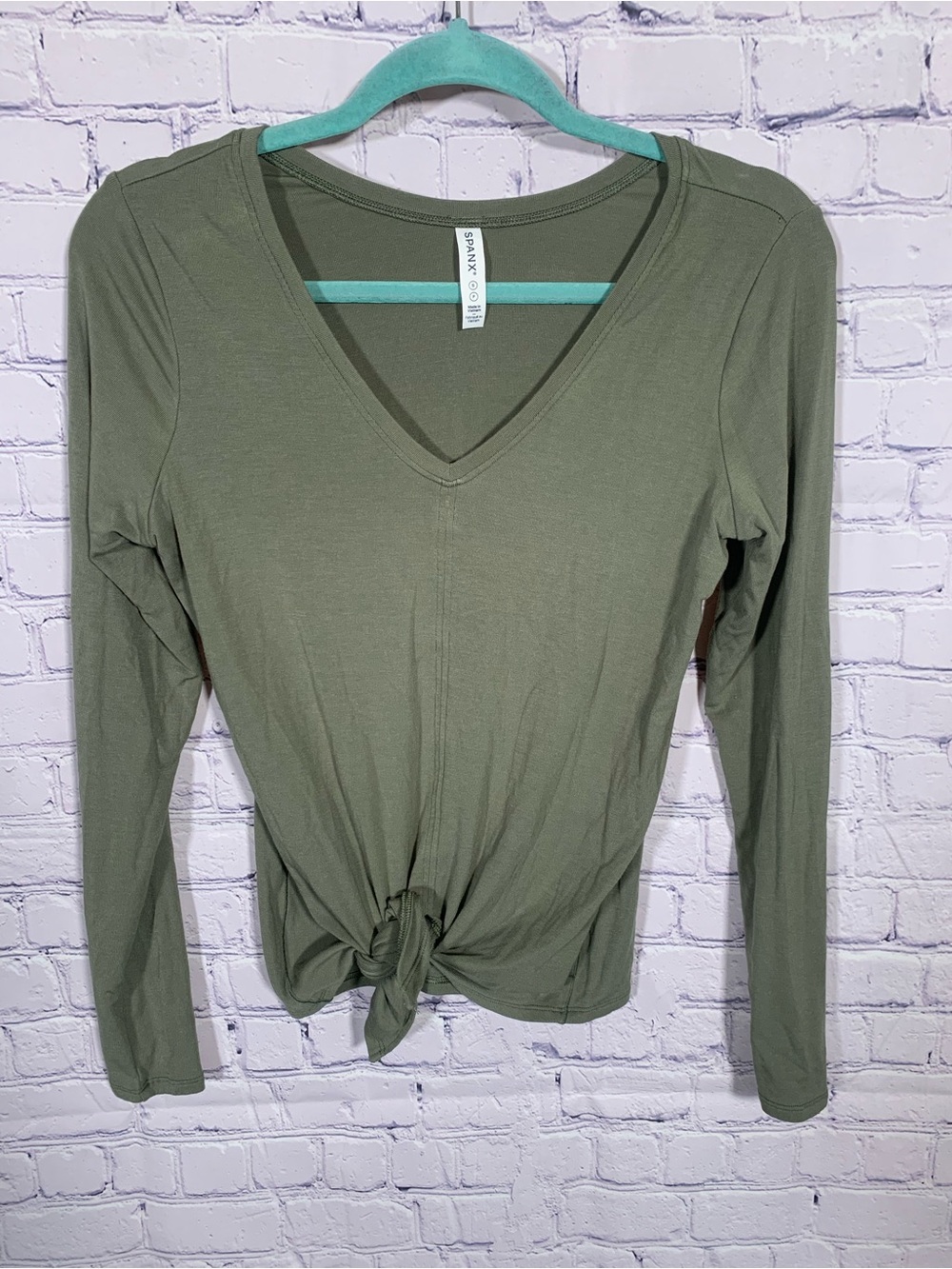 Spanx Womens Long Sleeve Tie Front Top Green Size S Casual V-Neck Minimalist